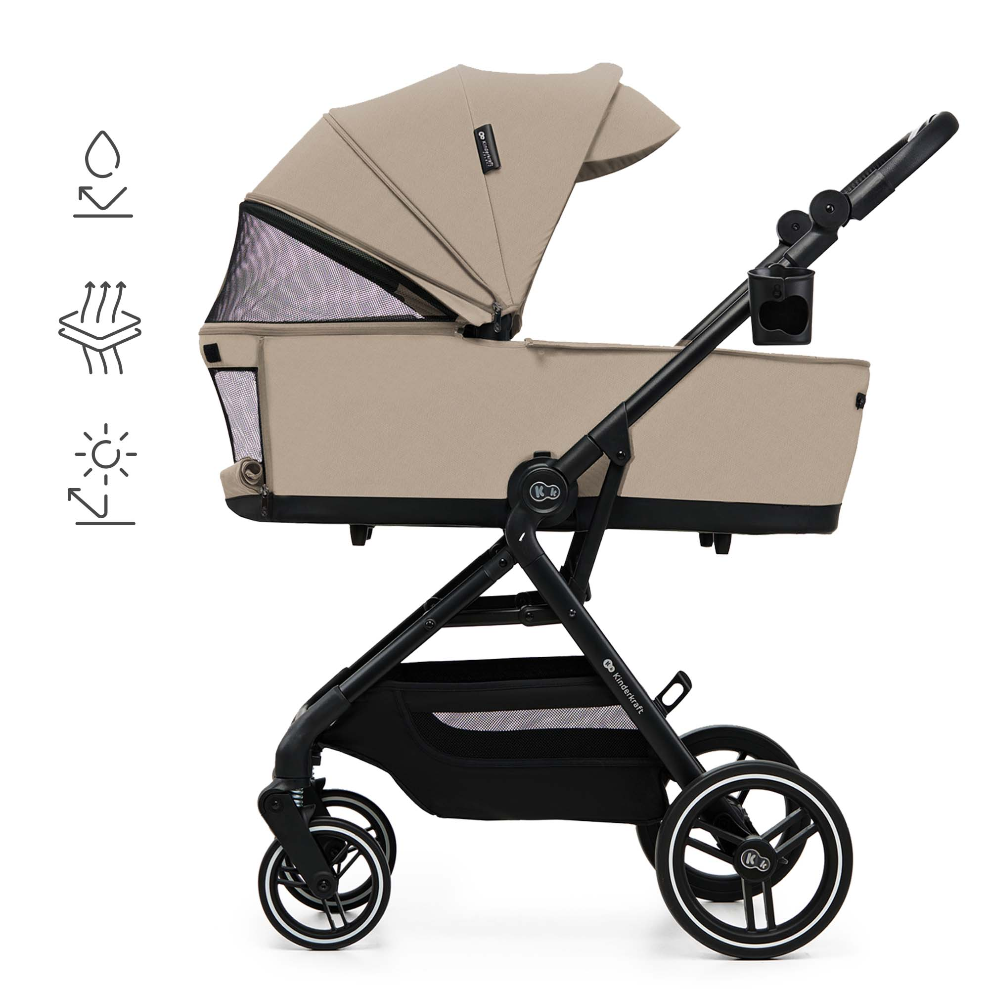 Ein beiger Kinderwagen mit schwarzem Rahmen und Rädern, mit Getränkehalter.