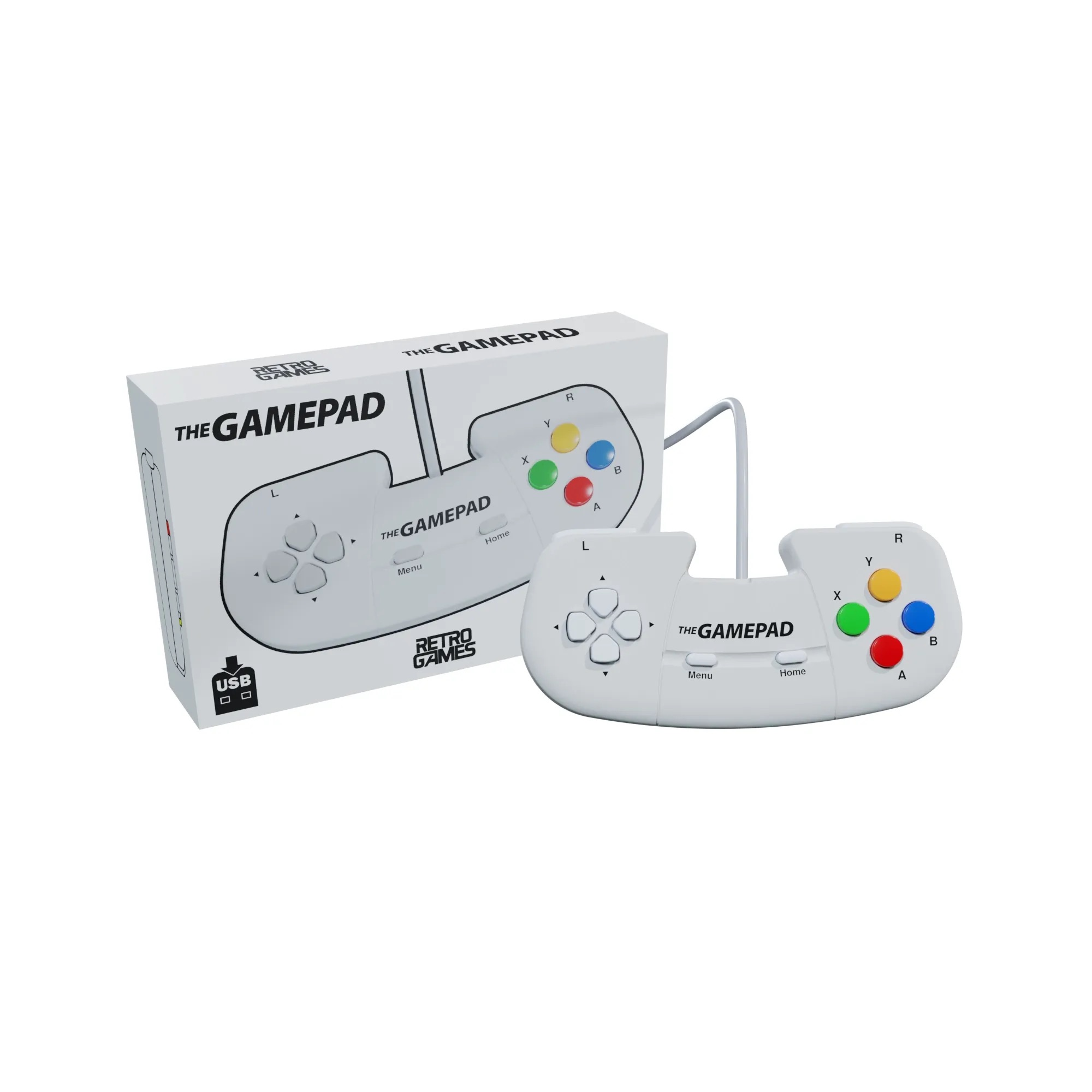 Un gamepad bianco e la sua confezione. Logo Retro Games.