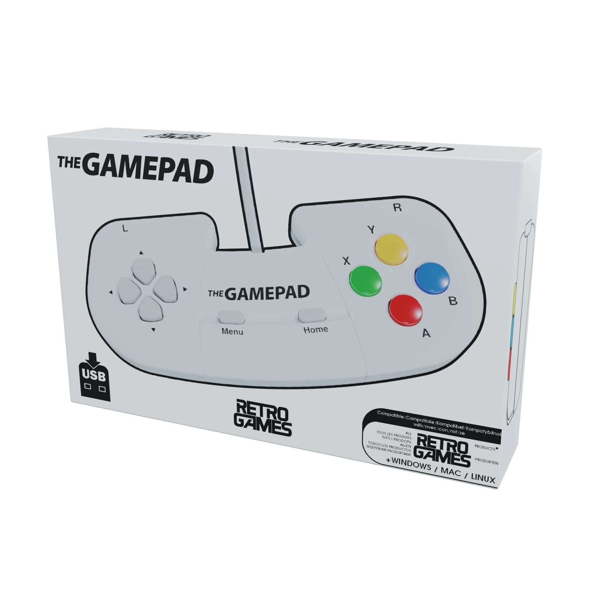 Confezione di un gamepad bianco con logo e pulsanti Retro Games.