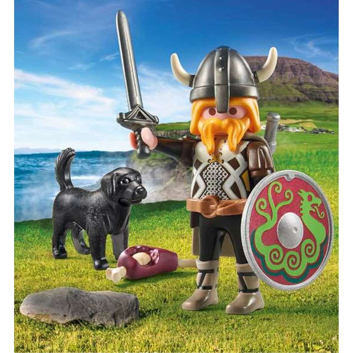 Un vikingo con espada, escudo, perro y pierna de carne en la hierba.