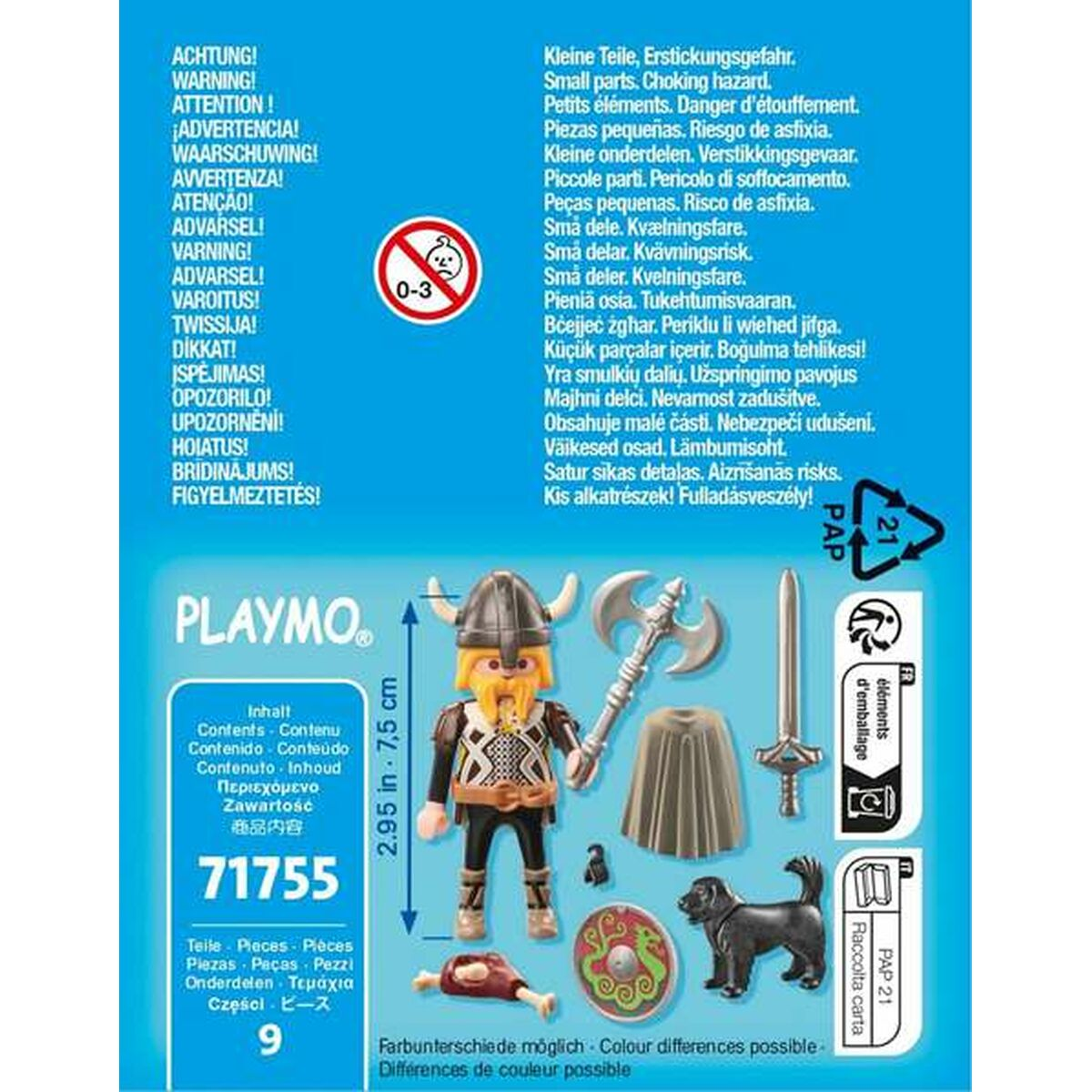 Figura vikinga de Playmobil con accesorios: hacha, escudo, perro y más.