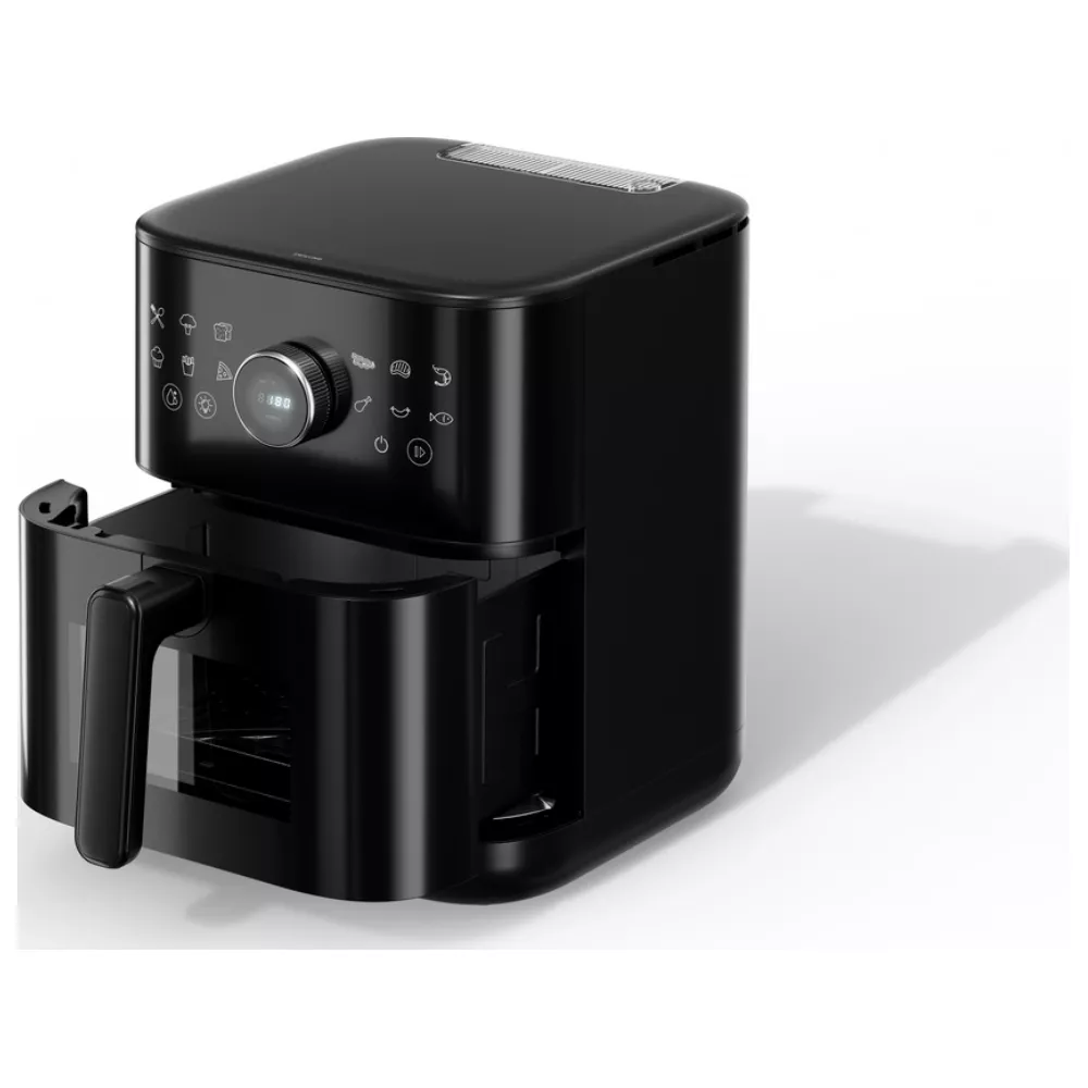 Friggitrice ad aria nera con controlli digitali e cassetto estraibile.