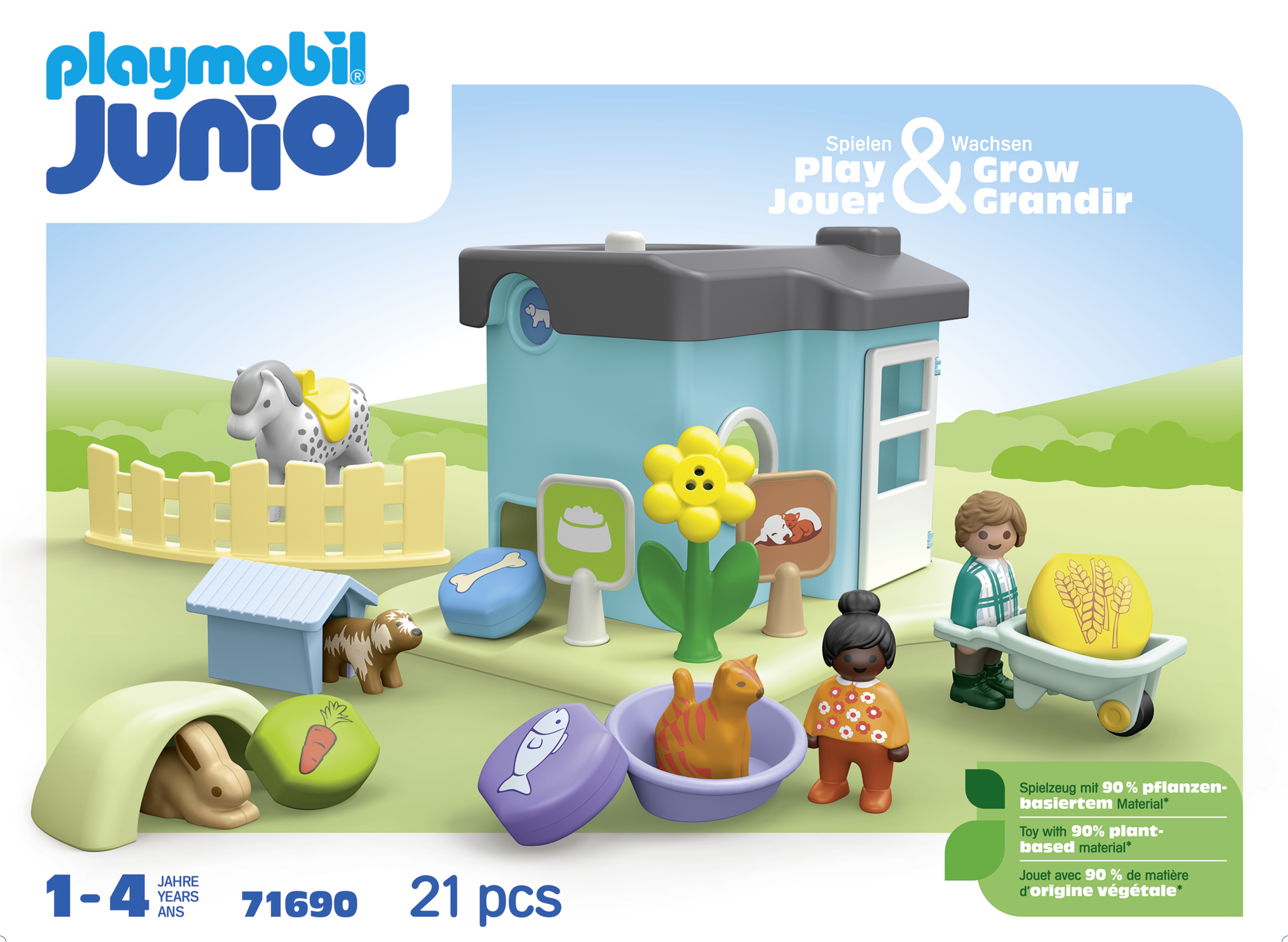 Set di giocattoli Playmobil Junior con animali, figure e una casa azzurra.