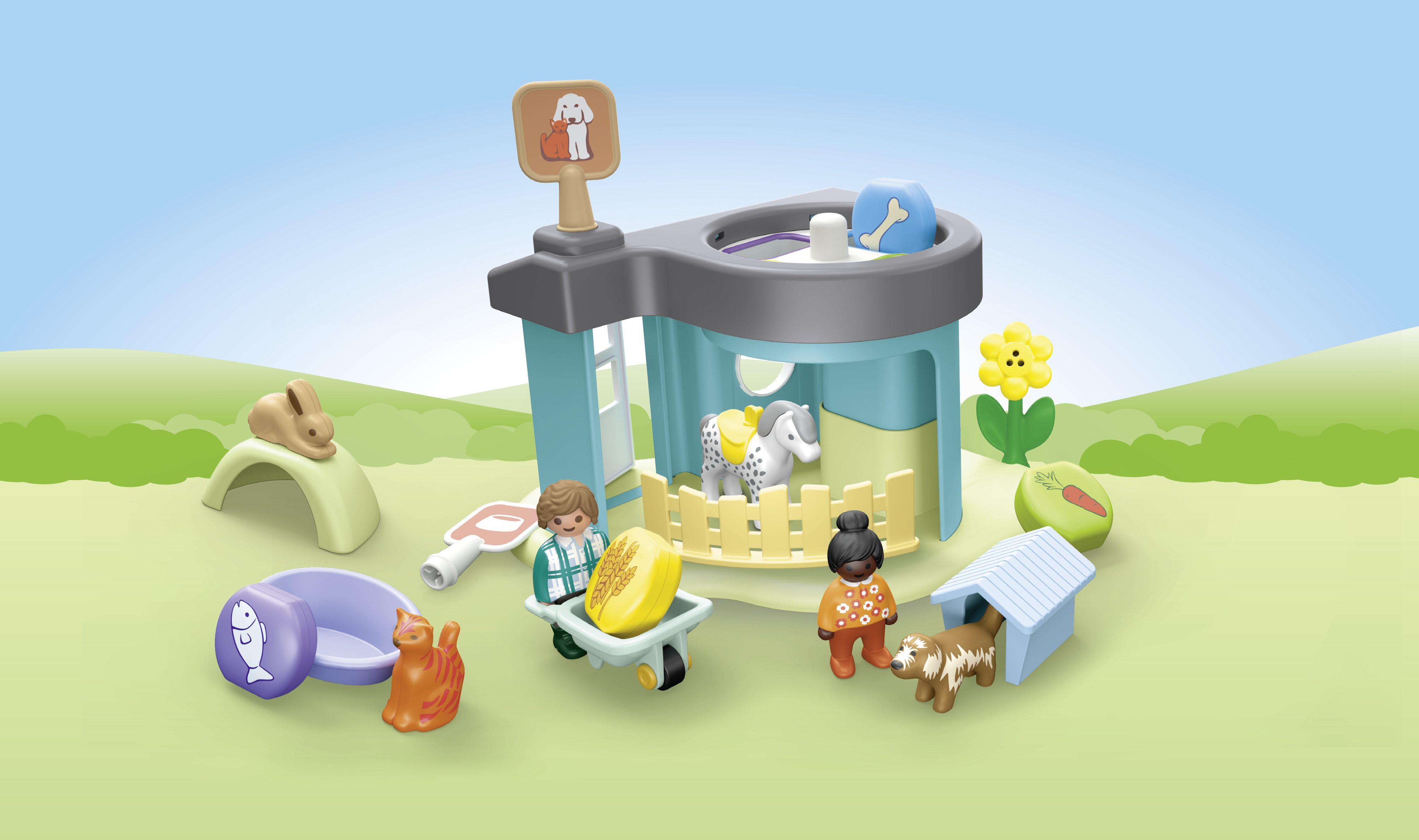 Clinica veterinaria giocattolo con figure: cavallo, cane, gatto, coniglio, persone, carriola, cibo, cuccia.