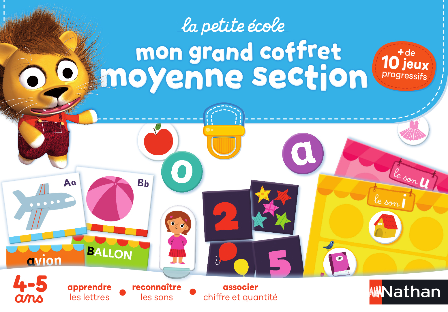 Ein Löwe wirbt für ein Lernspielzeug-Set mit Buchstaben, Zahlen und Spielen für Vorschulkinder.