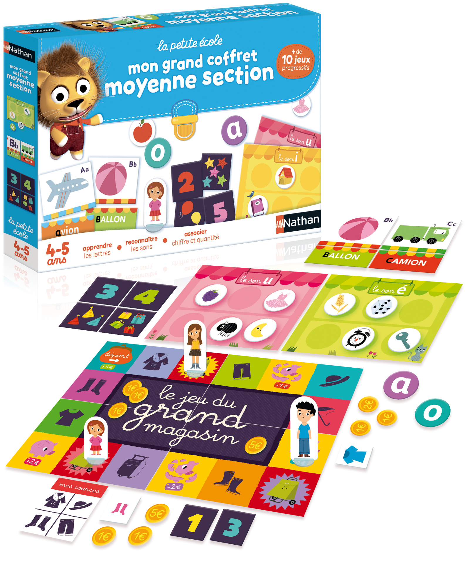 Brettspiel mit bunten Karten, Zahlen, Buchstaben und Spielfiguren.