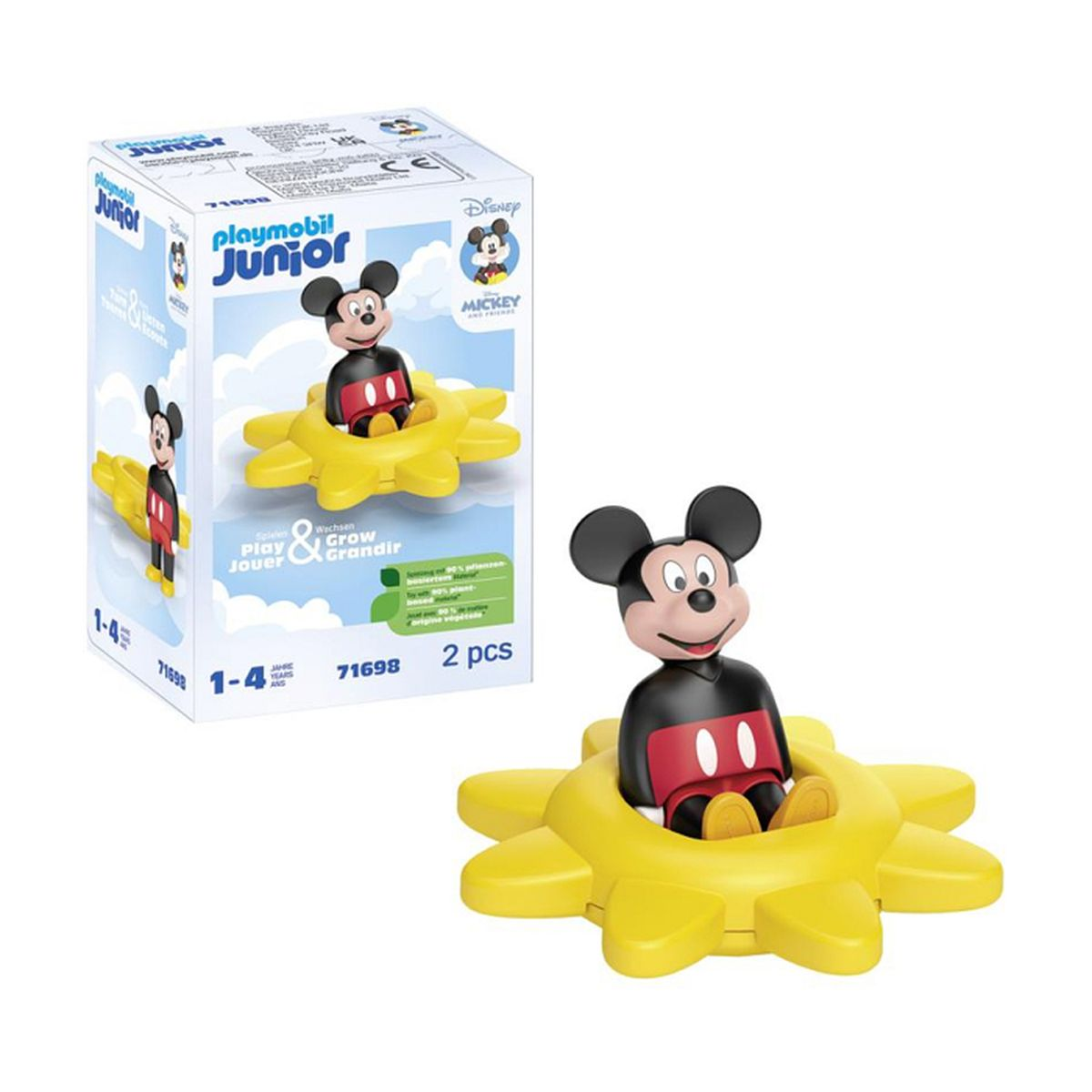 Playmobil Junior Mickey Maus Figur im gelben Sonnenrad, Karton daneben.