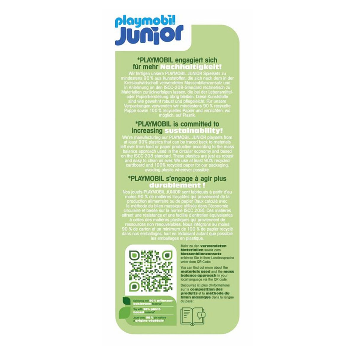 Playmobil Junior Logo und Nachhaltigkeitsinformationen in drei Sprachen.