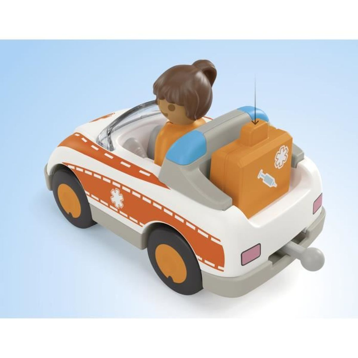 Ambulancia descapotable de juguete con figura y maletín médico naranja.