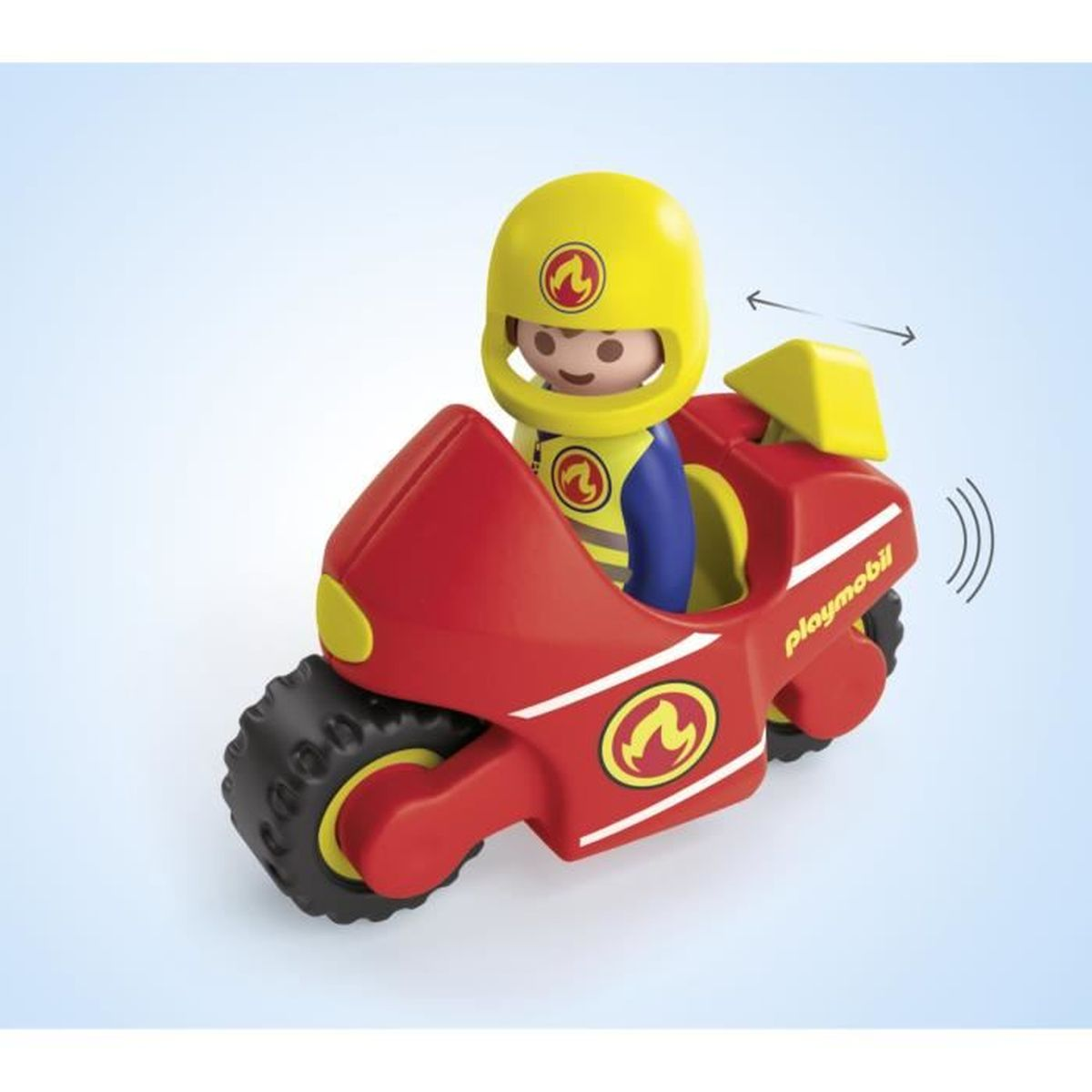Una motocicleta de juguete roja con casco amarillo y chaleco azul.