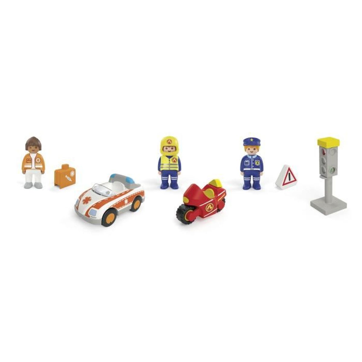 Figuras de juguete: Ambulancia, moto, policía, señal de tráfico, semáforo.