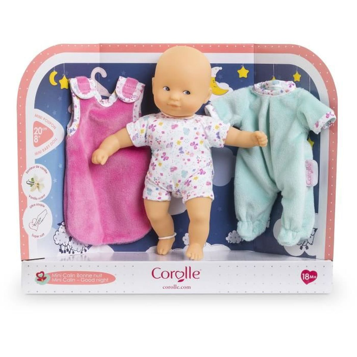 Corolle Puppe mit Kleidung: rosa Kleid, weiß gemustertes Outfit, mintgrüner Strampler.