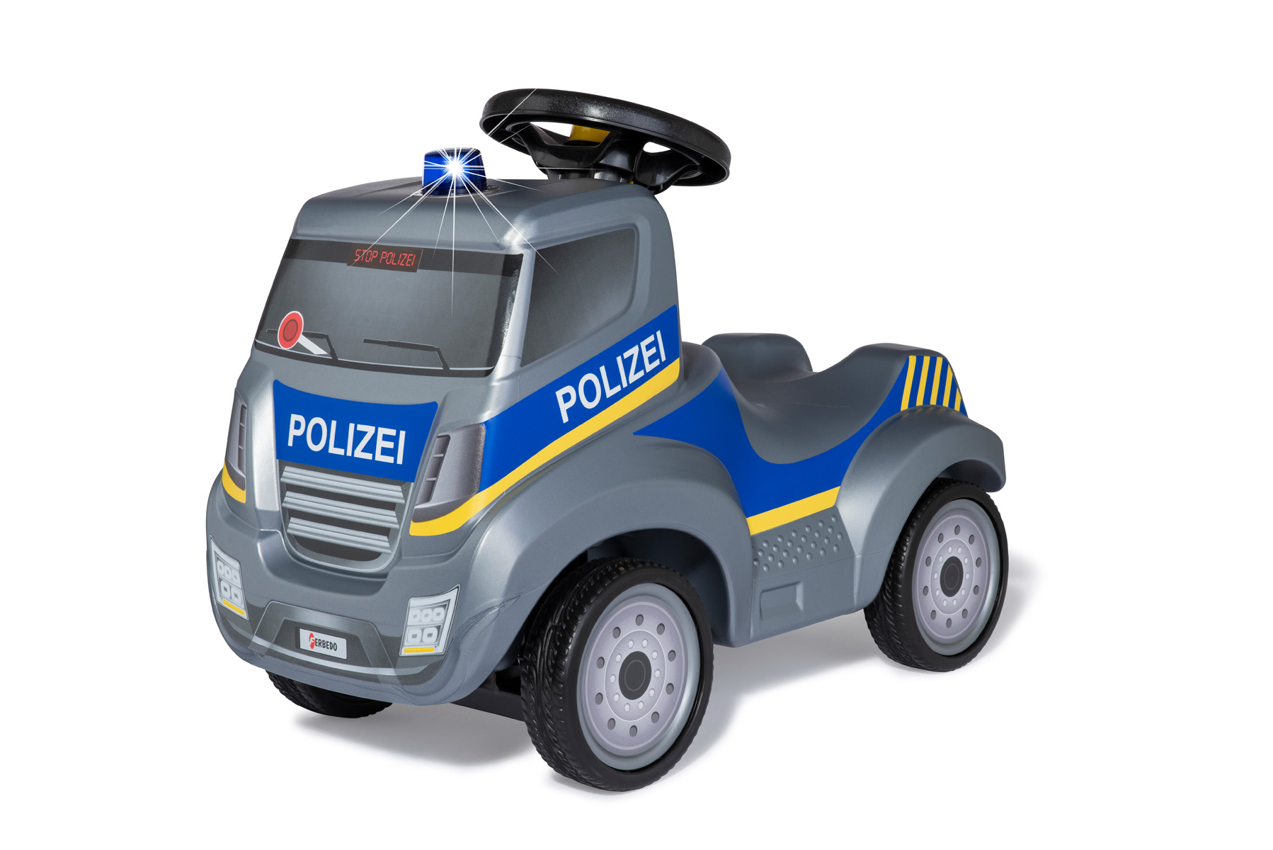 Voiturette de police grise avec gyrophare bleu et rayures jaunes.