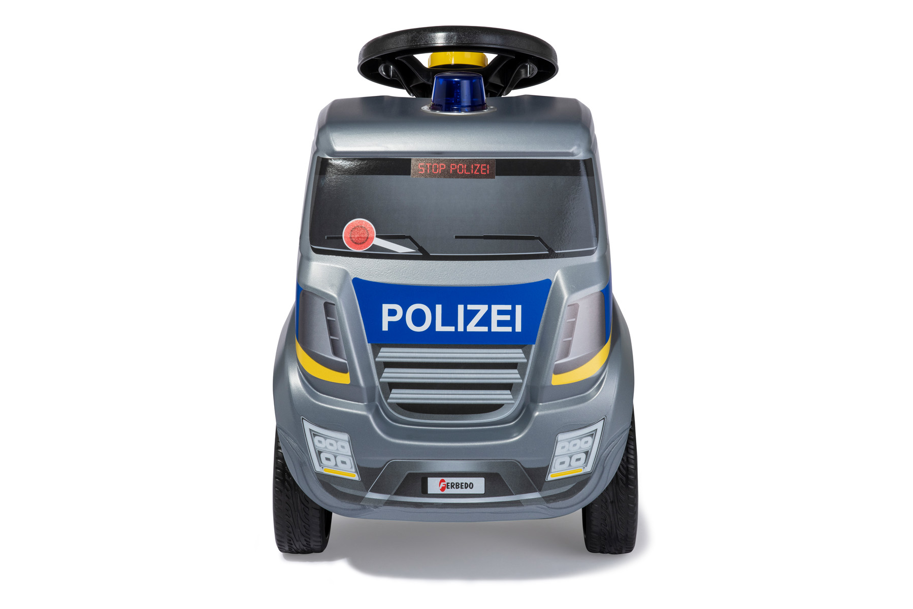Voiturette de police grise avec gyrophare bleu et inscription "POLIZEI".