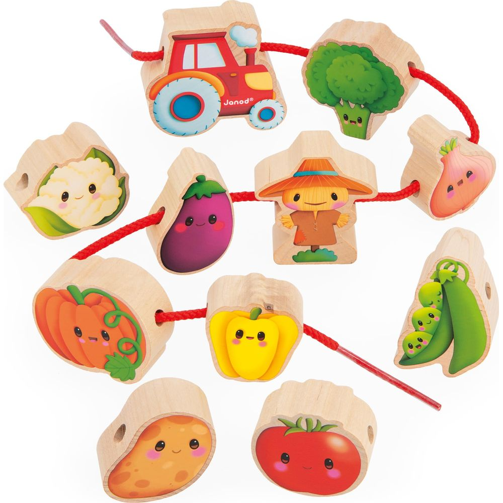 Holzspielzeugperlen: Traktor, Bauer, Brokkoli, Zwiebel, Blumenkohl, Aubergine, Kürbis, Paprika, Erbsen, Kartoffel, Tomate.