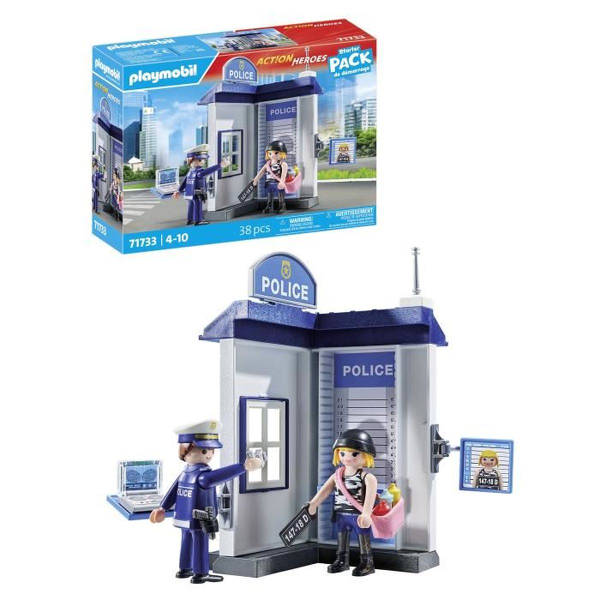 Set stazione di polizia Playmobil con due figure e accessori. Include una stazione di polizia, un agente e un sospetto.
