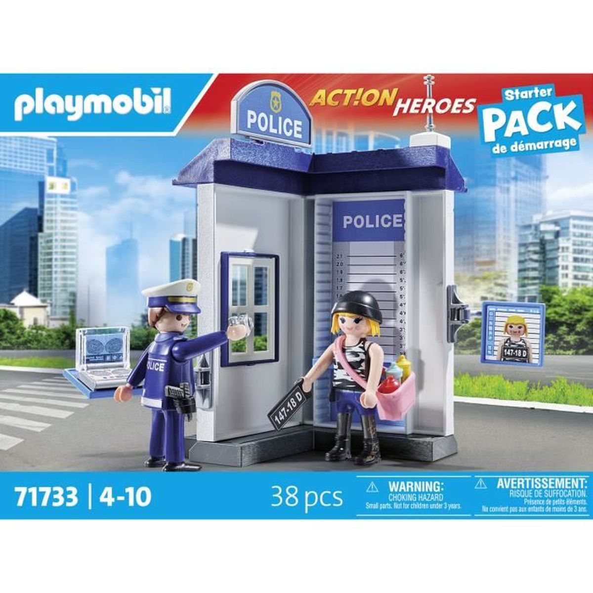 Set stazione di polizia Playmobil con agente e sospettato. L'agente tiene un dispositivo, il sospettato ha un casco nero.