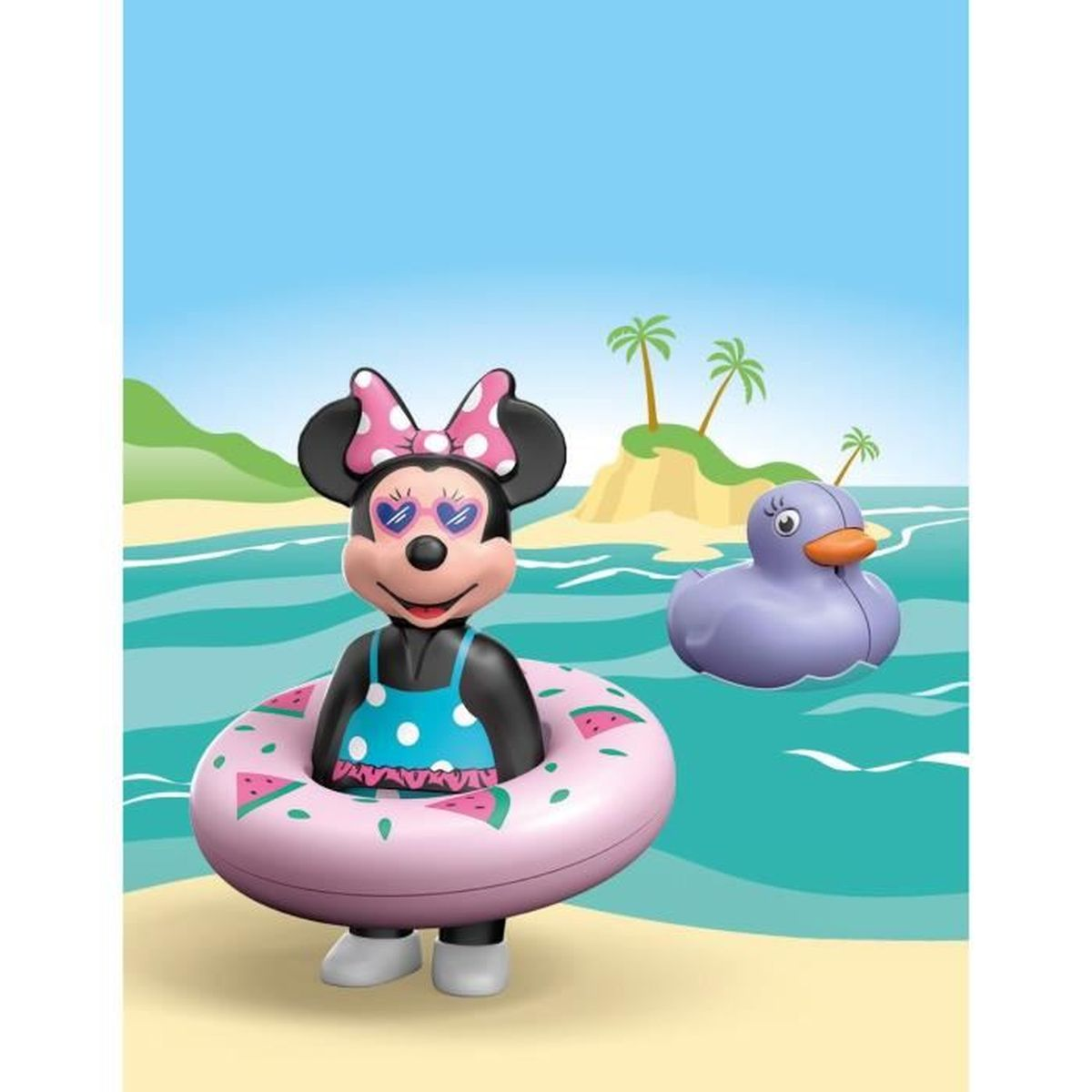 Minnie Mouse con flotador en la playa, pato morado flota en el mar.