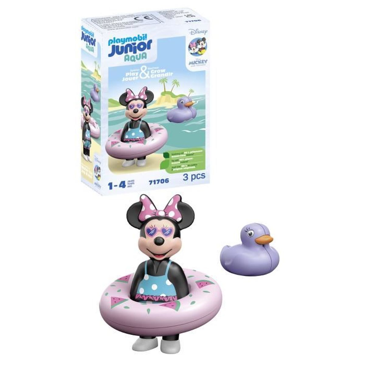 Minnie Mouse de Playmobil con flotador y pato morado, delante y en caja.