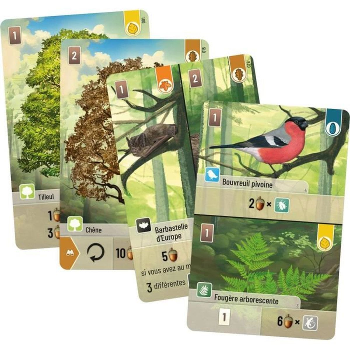 Cartes de jeu montrant oiseaux, chauves-souris et plantes en forêt.