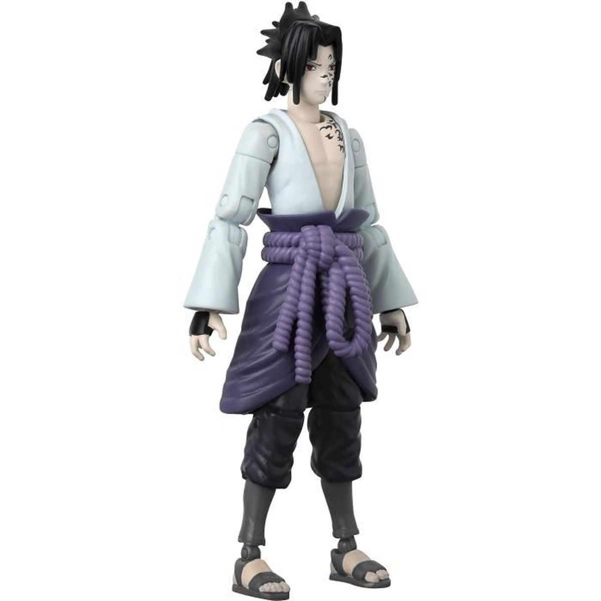 Eine Actionfigur von Sasuke Uchiha mit dunklem Haar, hellblauem Hemd und lila Gürtel.