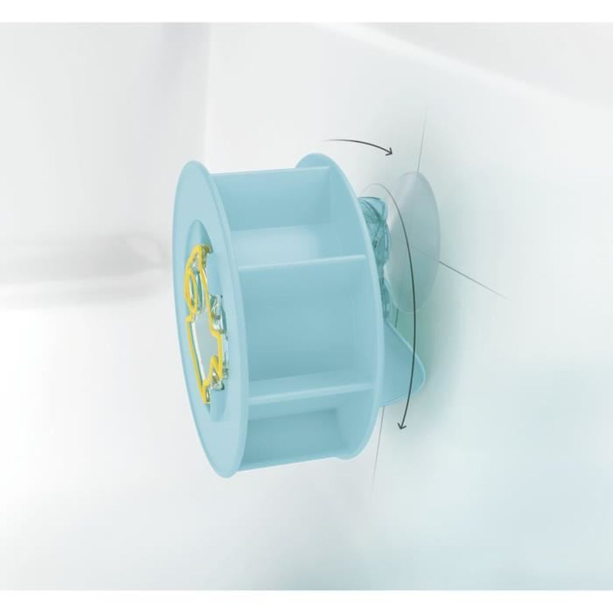 Una rueda giratoria de almacenamiento azul claro con clips amarillos.