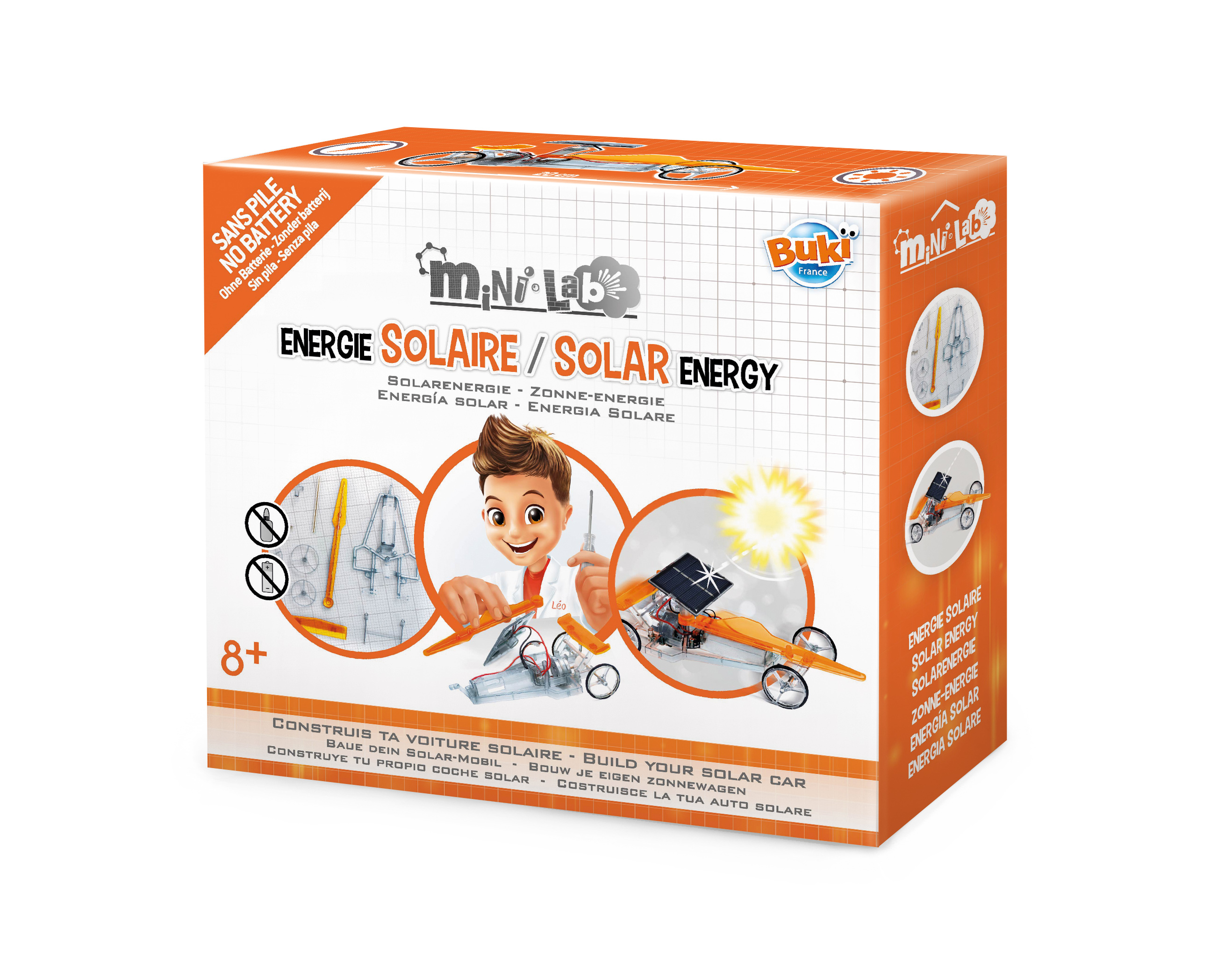 Verpackung eines Solar-Auto-Bausatzes von Buki France für Kinder ab 8 Jahren.
