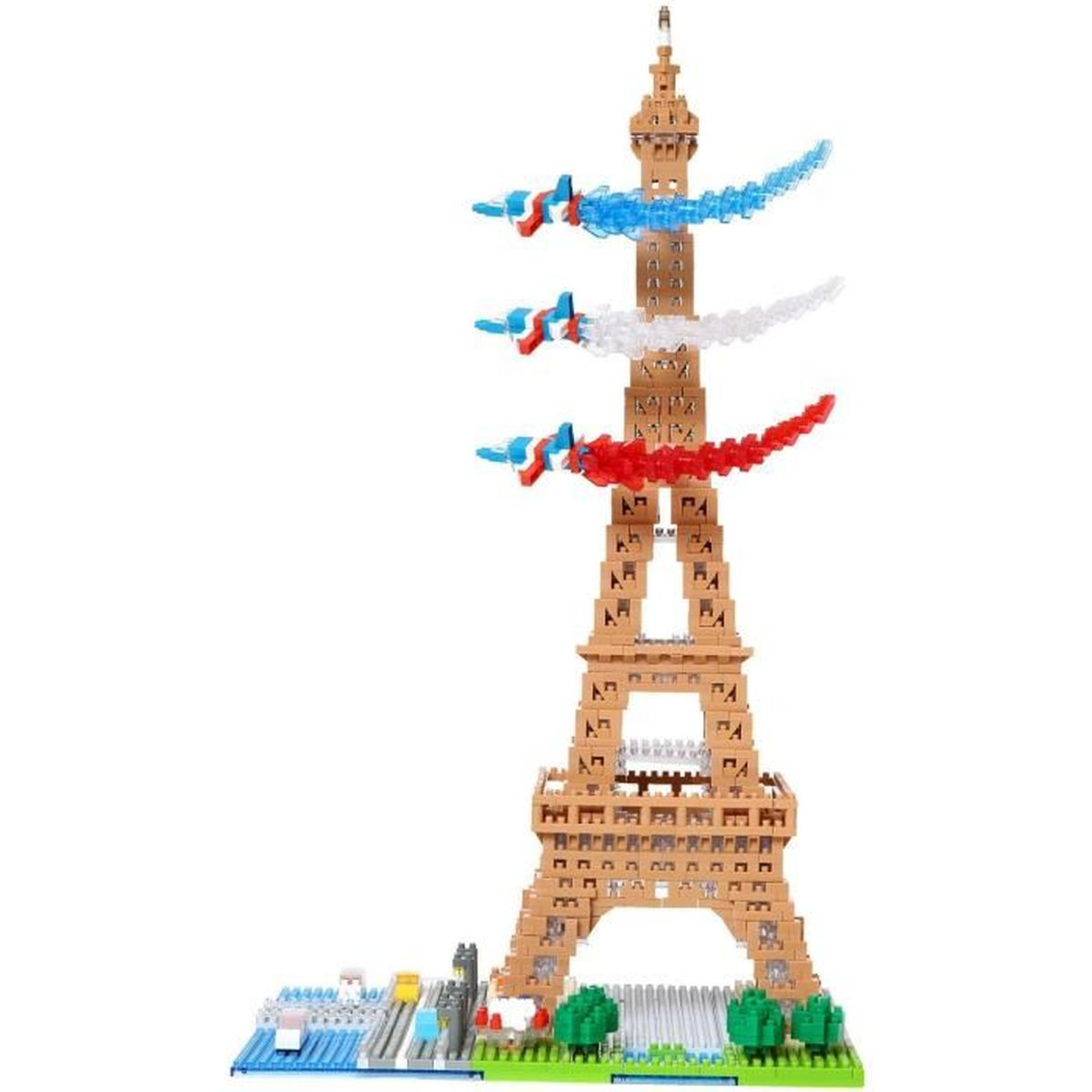 Modello della Torre Eiffel con tre aerei che lasciano scie di fumo rosse, bianche e blu.