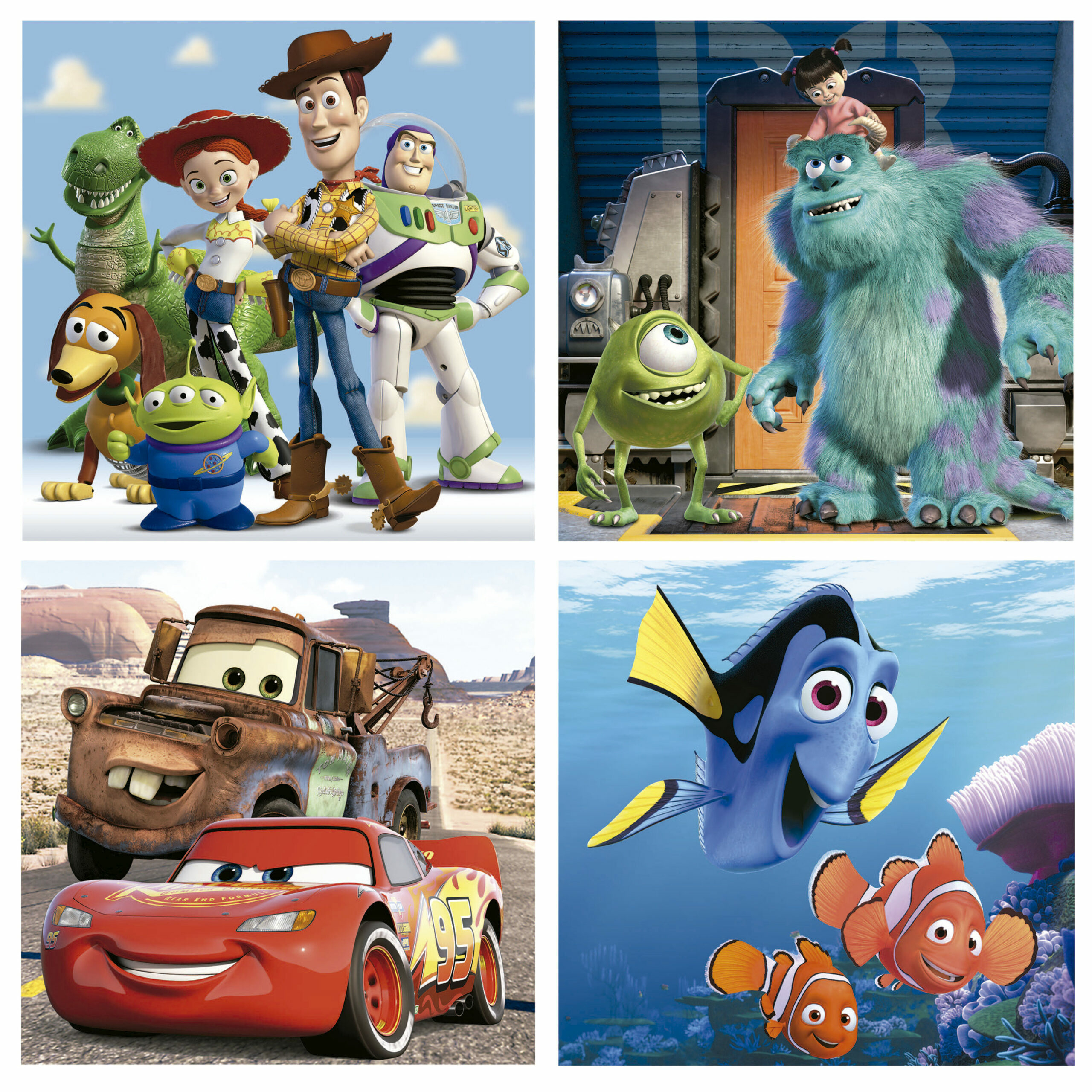Personaggi di Toy Story, Monsters Inc. e Cars su cielo blu e sott'acqua.