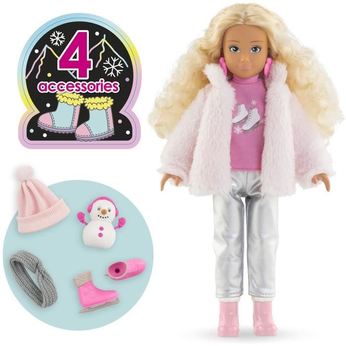 Eine Puppe in Winterkleidung mit Zubehör: Mütze, Schneemann, Stiefel, Schlittschuhe.