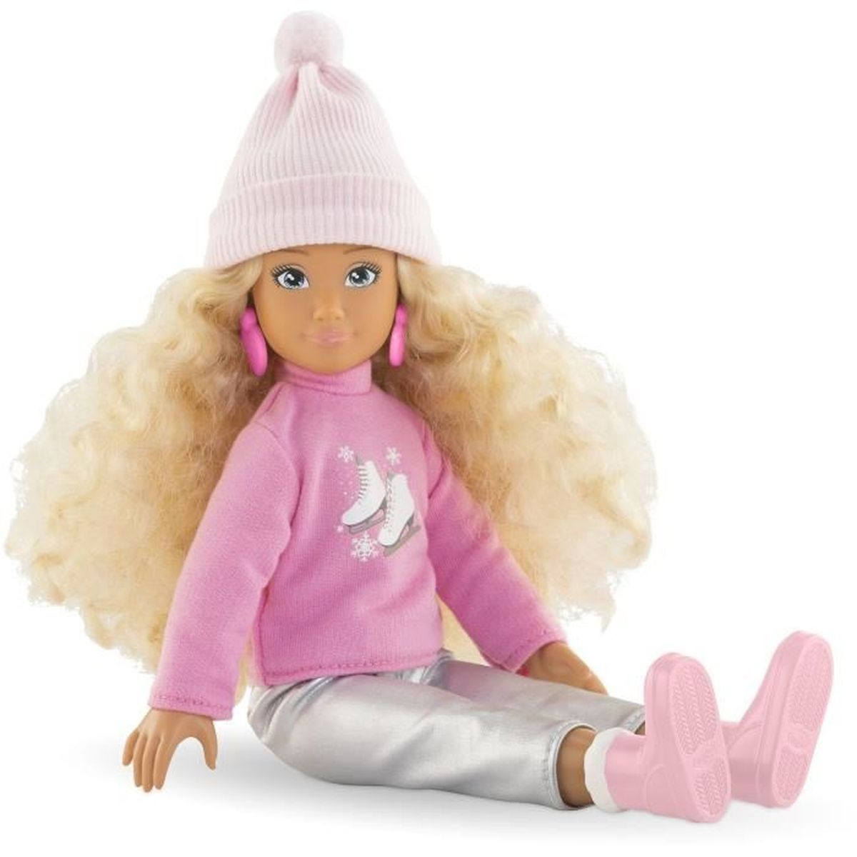 Puppe in rosa Mütze, Pullover mit Schlittschuhen, silbernen Hosen und rosa Stiefeln.