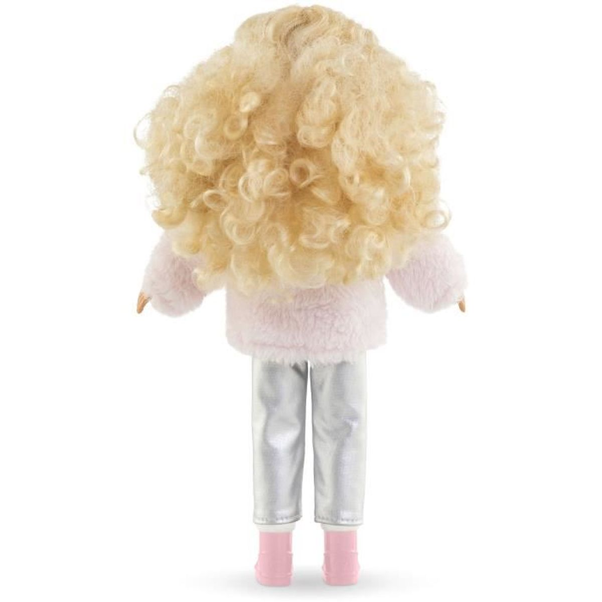 Rückansicht einer Puppe mit blonden Locken, rosa Felljacke und silbernen Hosen.