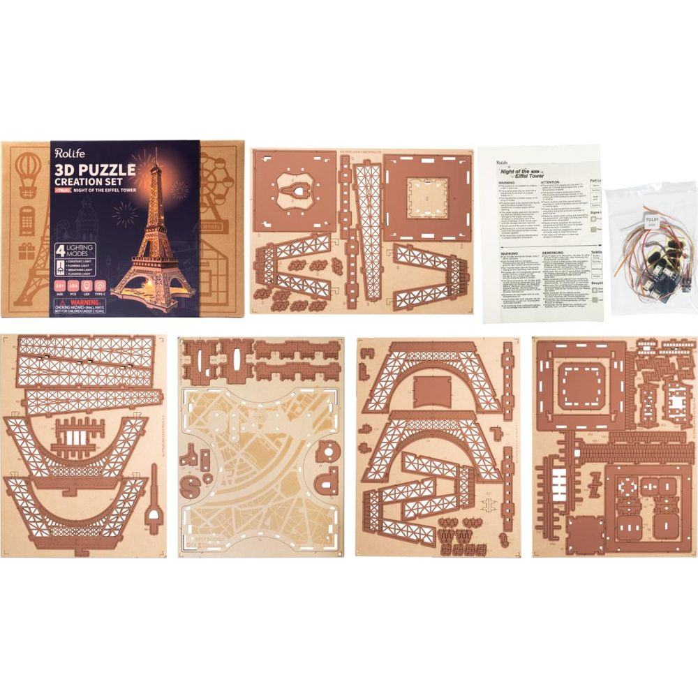 Kit puzzle 3D Torre Eiffel con modalità di illuminazione e istruzioni.