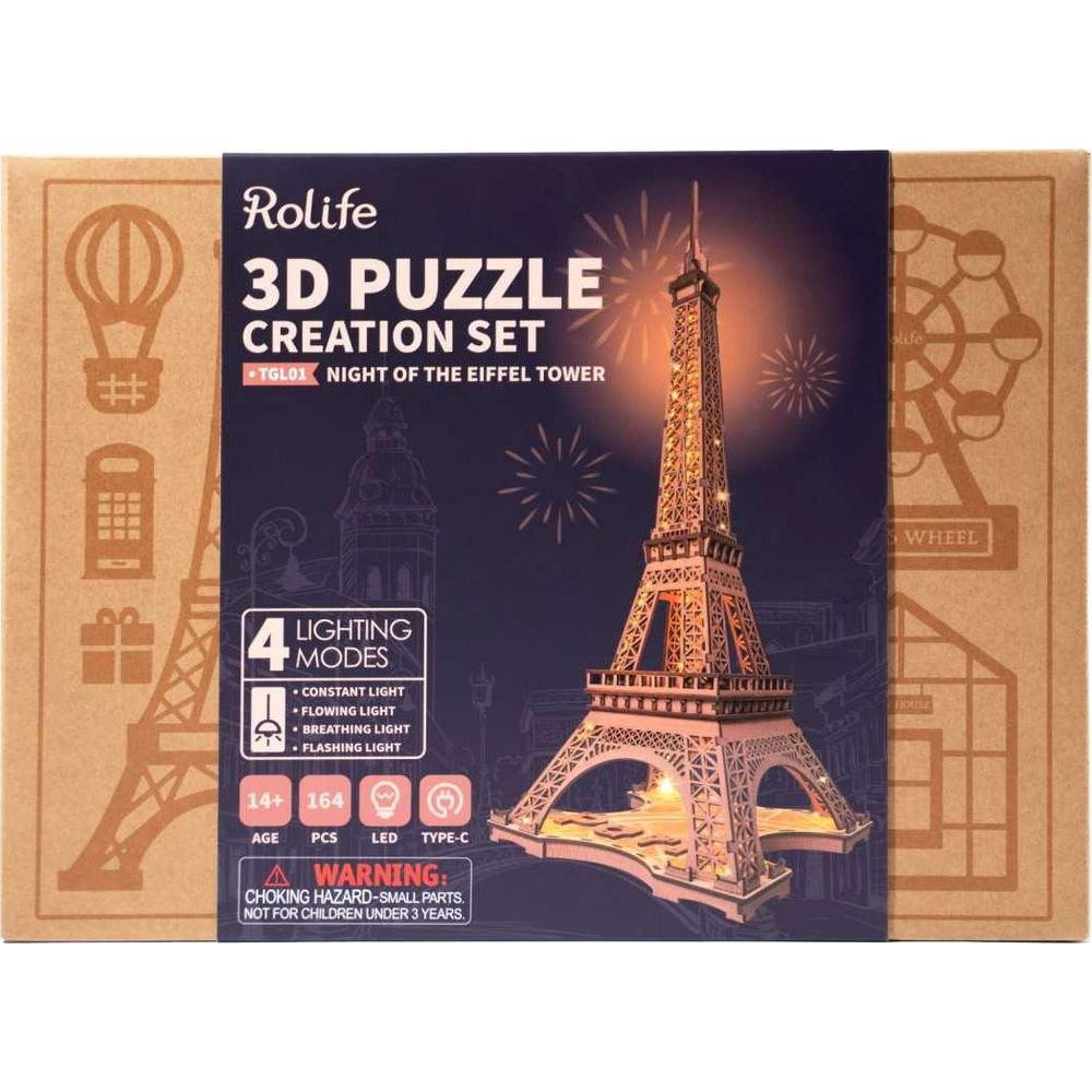 Set di creazione puzzle 3D Rolife della Torre Eiffel con modalità di illuminazione.