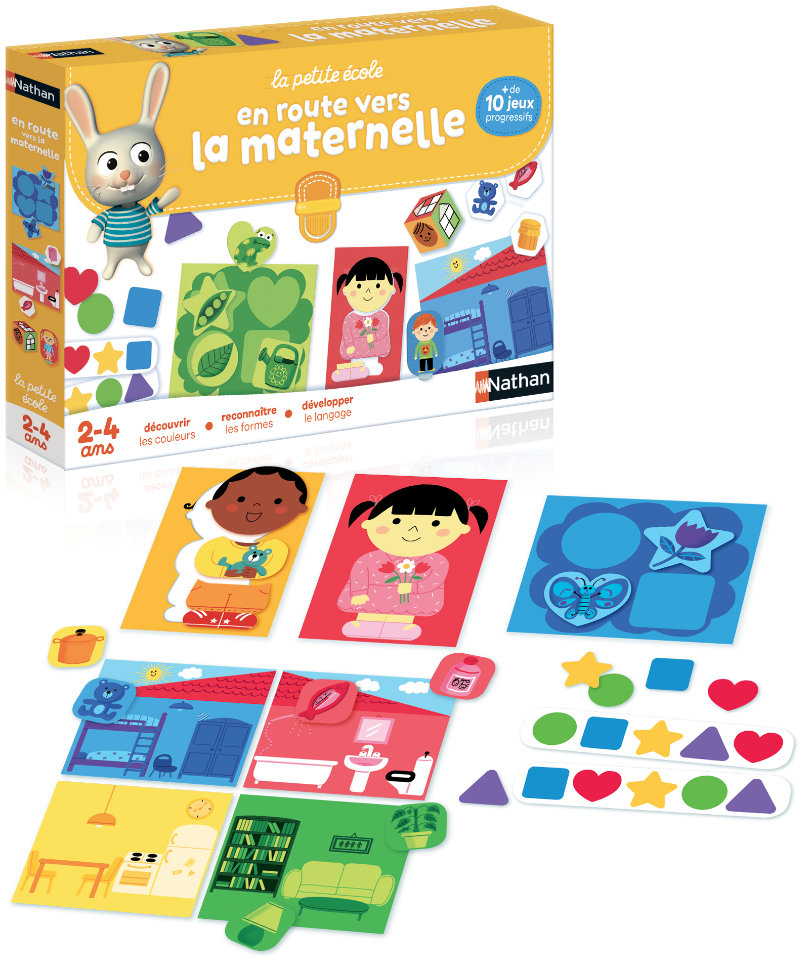 Tablero de juego con niños, habitaciones y formas. Se representa un conejo.