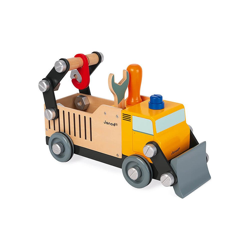 Camion jouet en bois jaune avec outils, écrous et boulons.