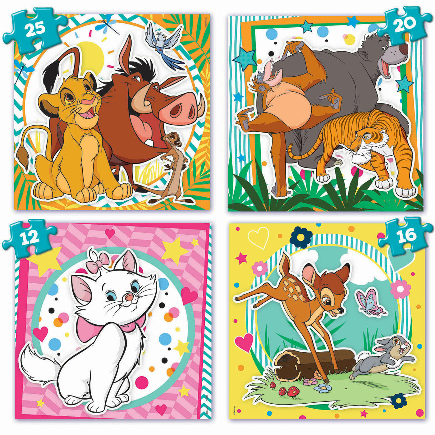Quattro scene di puzzle Disney: Il Re Leone, Il Libro della Giungla, Gli Aristogatti, Bambi.