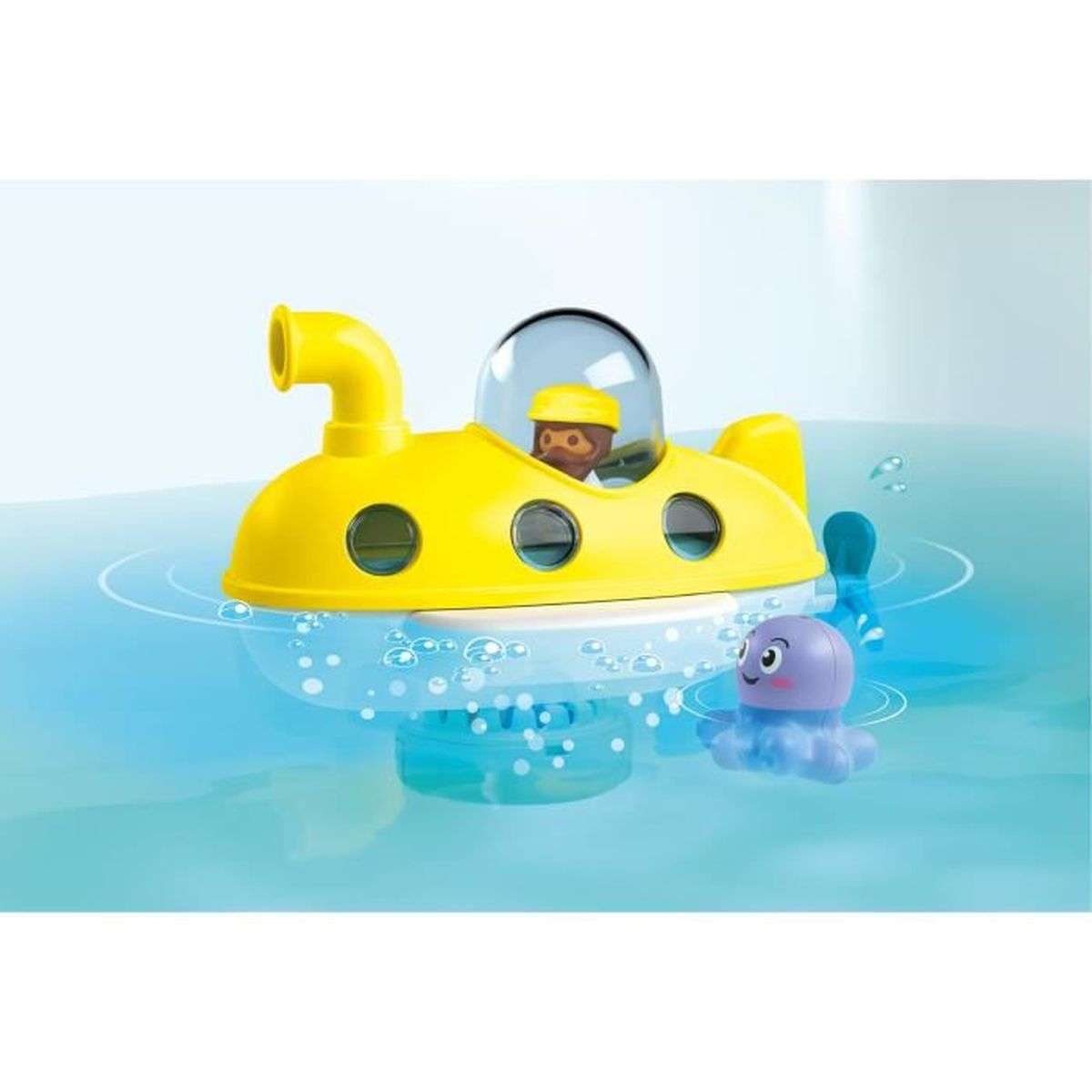 Un sottomarino giocattolo giallo con un pilota galleggia nell'acqua accanto a una medusa viola.