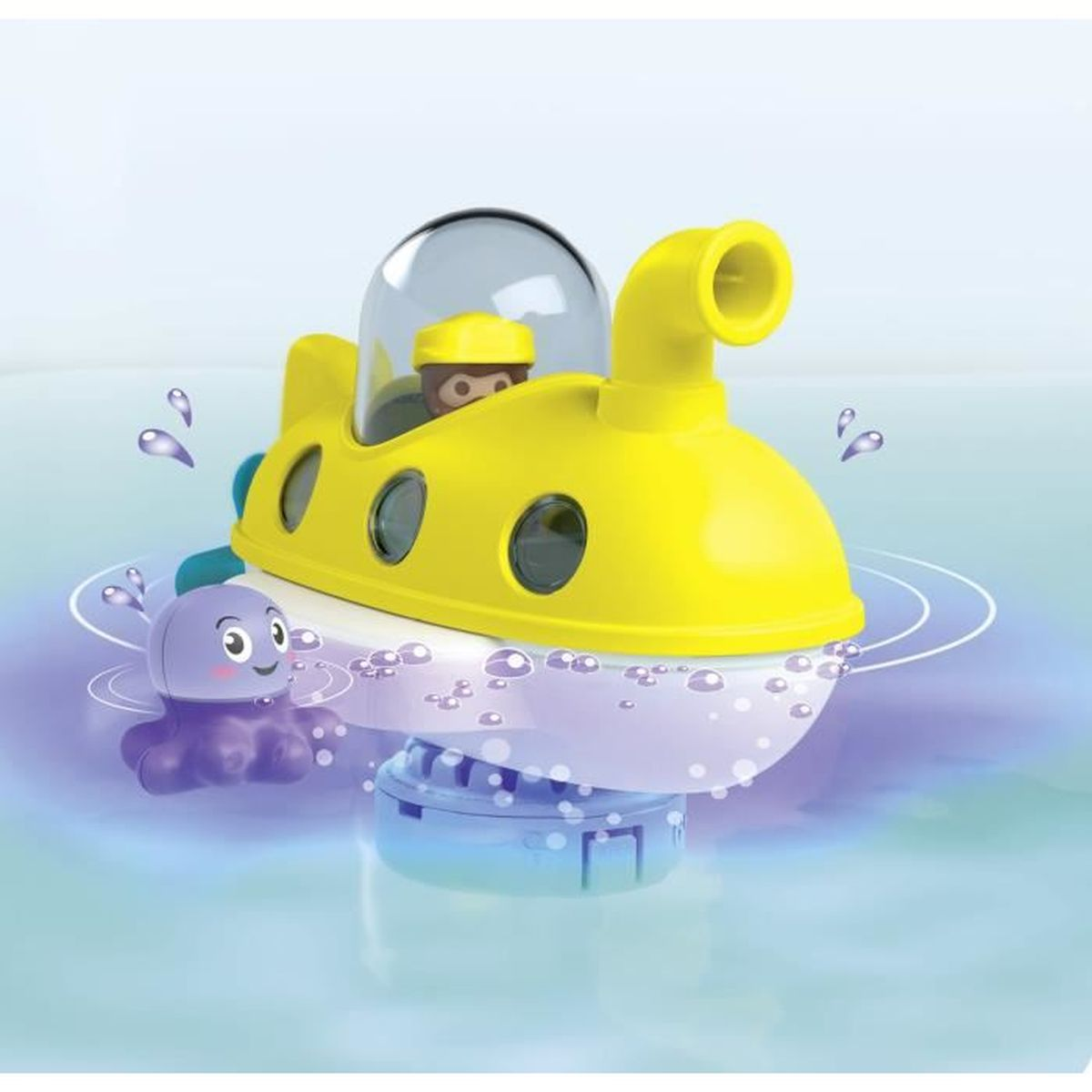 Sottomarino giocattolo giallo con polpo e capitano sull'acqua.