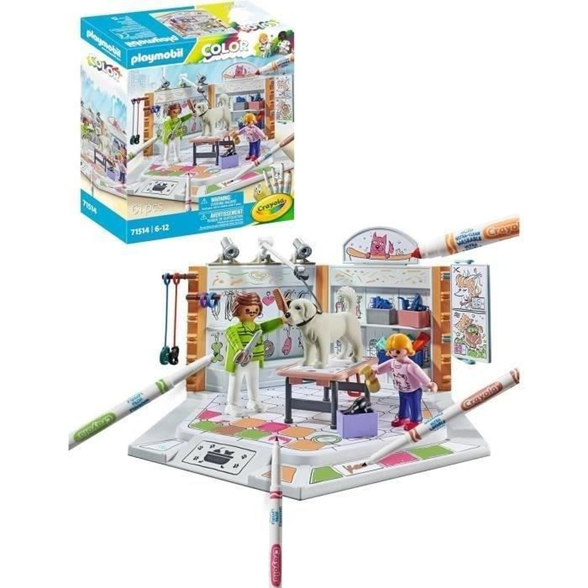 Playmobil-Set mit Figuren, einem Hund und Malutensilien, in einer Box.
