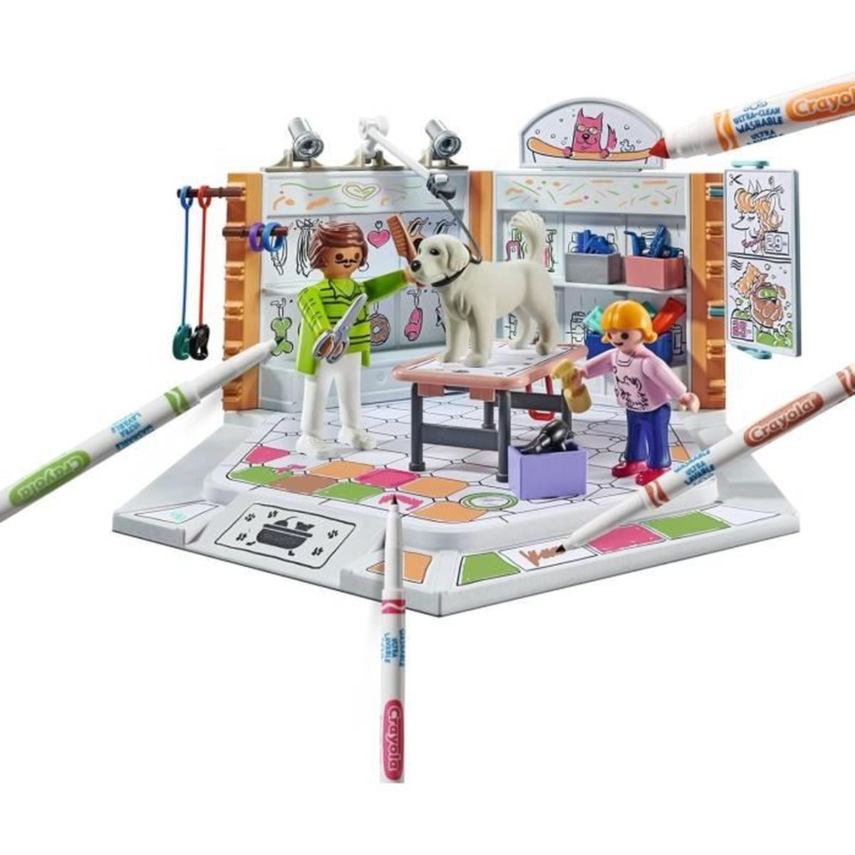 Spielzeug-Tierpflegesalon mit Figuren, Hund und Stiften.