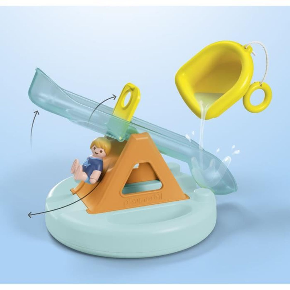 Un dondolo ad acqua Playmobil con una figura sullo scivolo e acqua che cola da un secchio giallo.