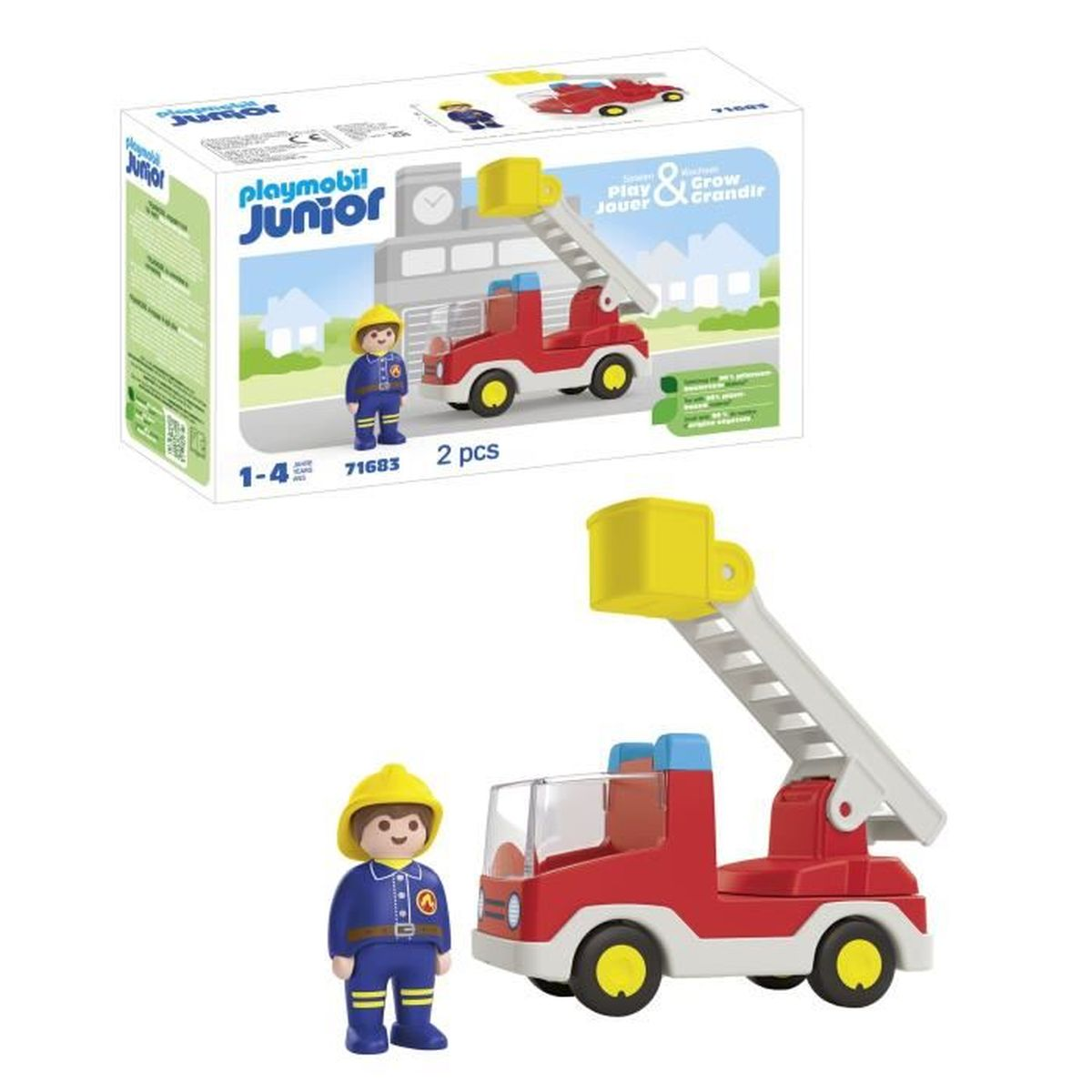 Camión de bomberos Playmobil Junior con figura de bombero y escalera. Camión rojo, uniforme azul.