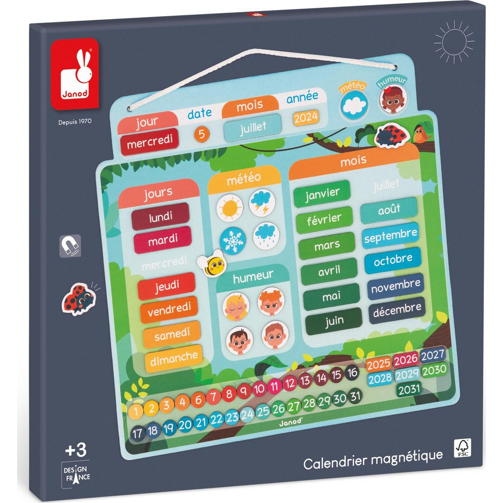 Calendrier magnétique avec jours, mois, météo & humeur. Janod, dès 3 ans.