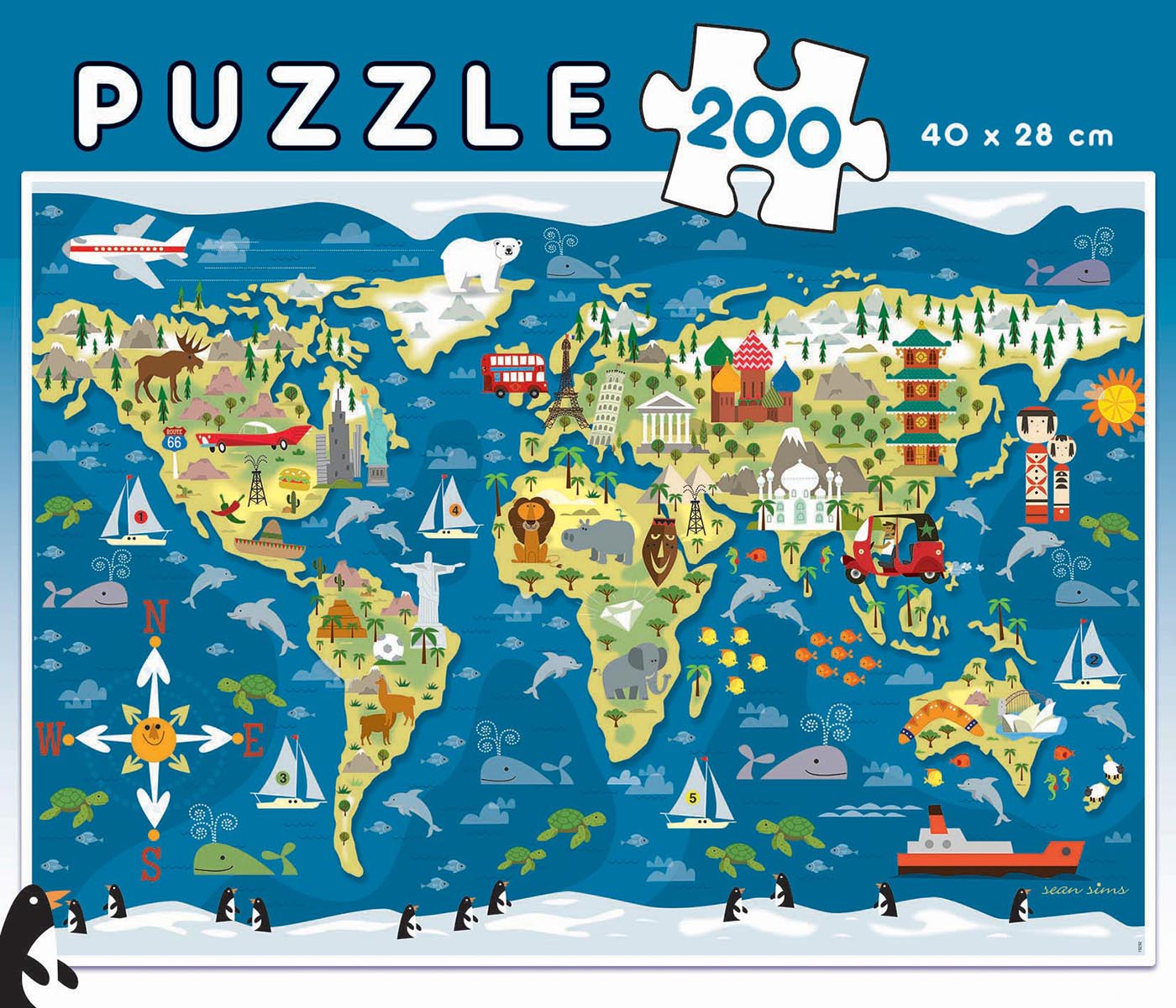 Puzzle mappa del mondo con animali e monumenti. 200 pezzi, 40x28cm.