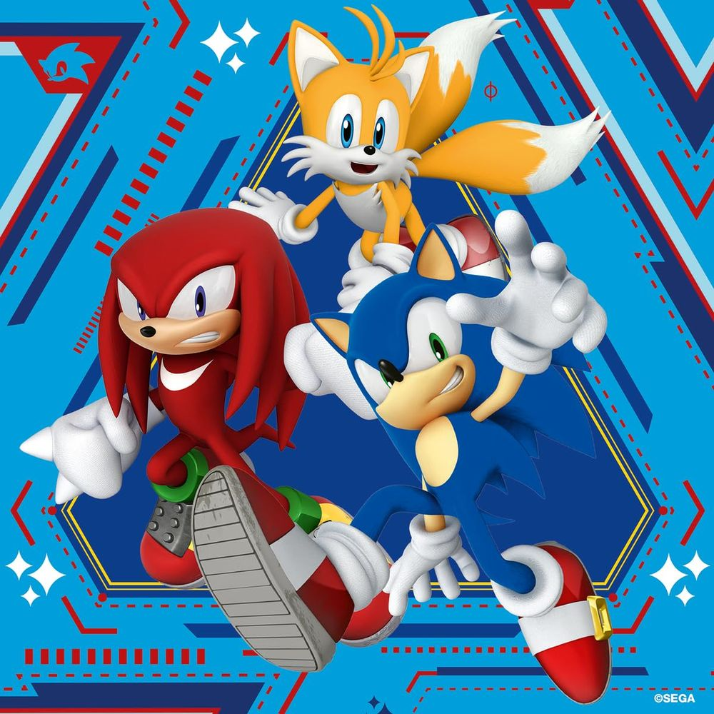 Sonic, Tails e Knuckles corrono su sfondo blu con motivi geometrici.