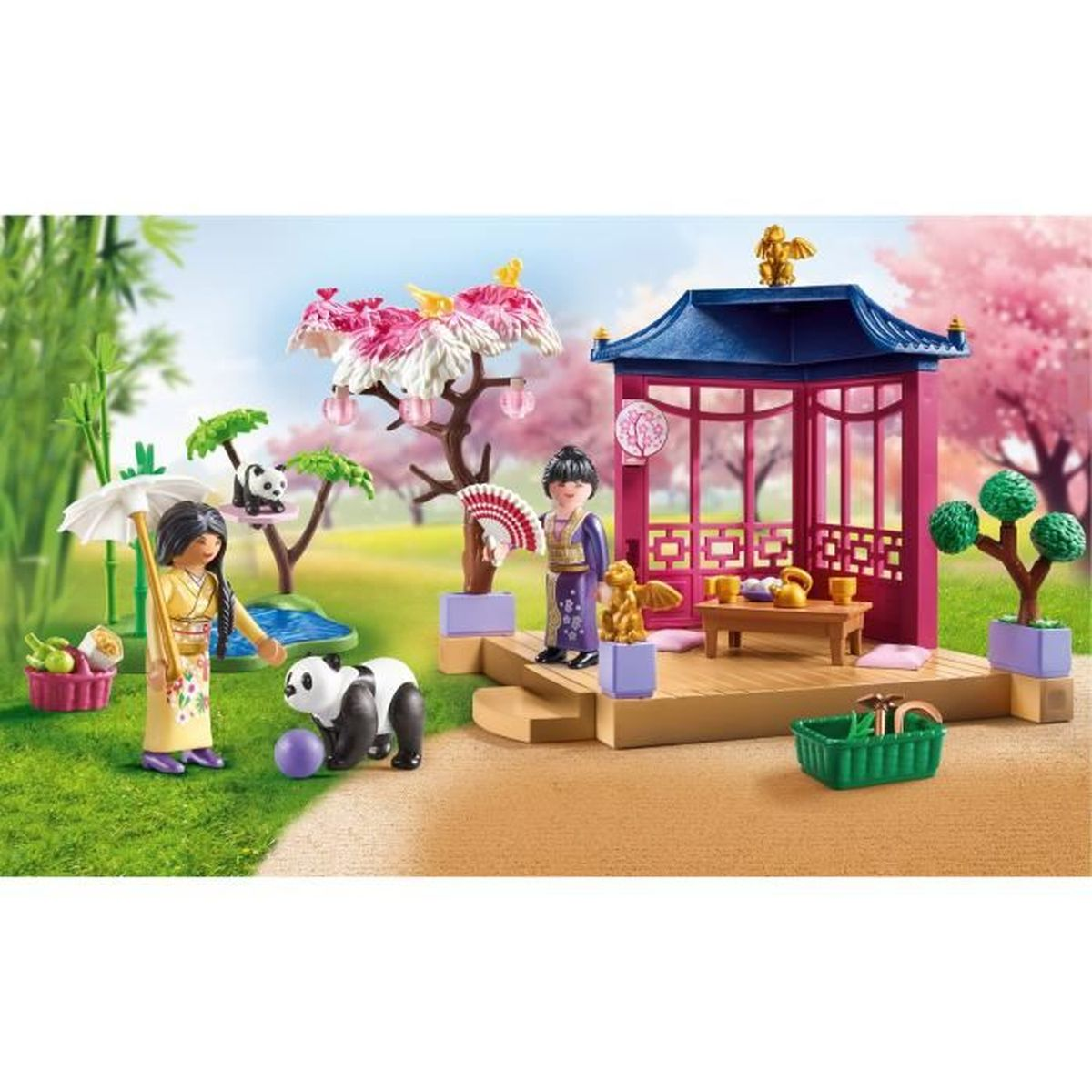 Set da gioco giardino giapponese con figure, panda e padiglione.