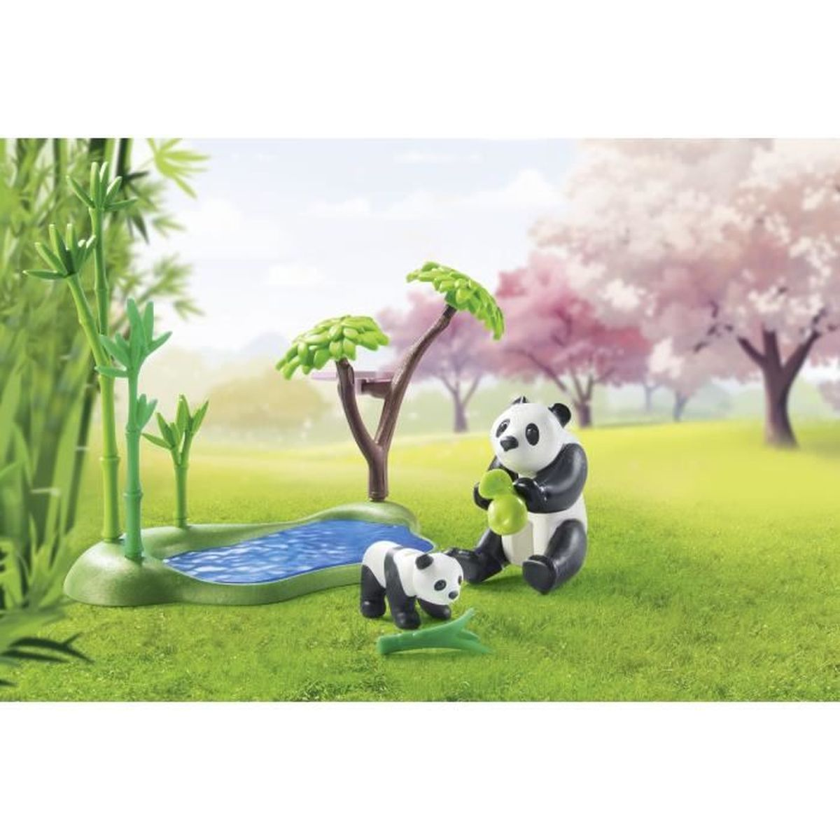 Due panda seduti vicino a uno stagno con bambù e ciliegi sullo sfondo.