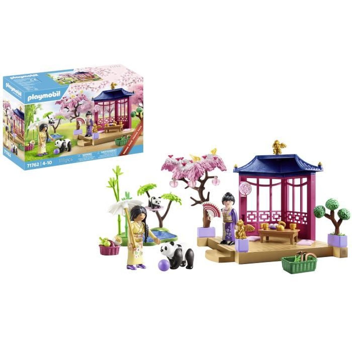 Set Playmobil con pagoda, figure, panda e fiori di ciliegio.