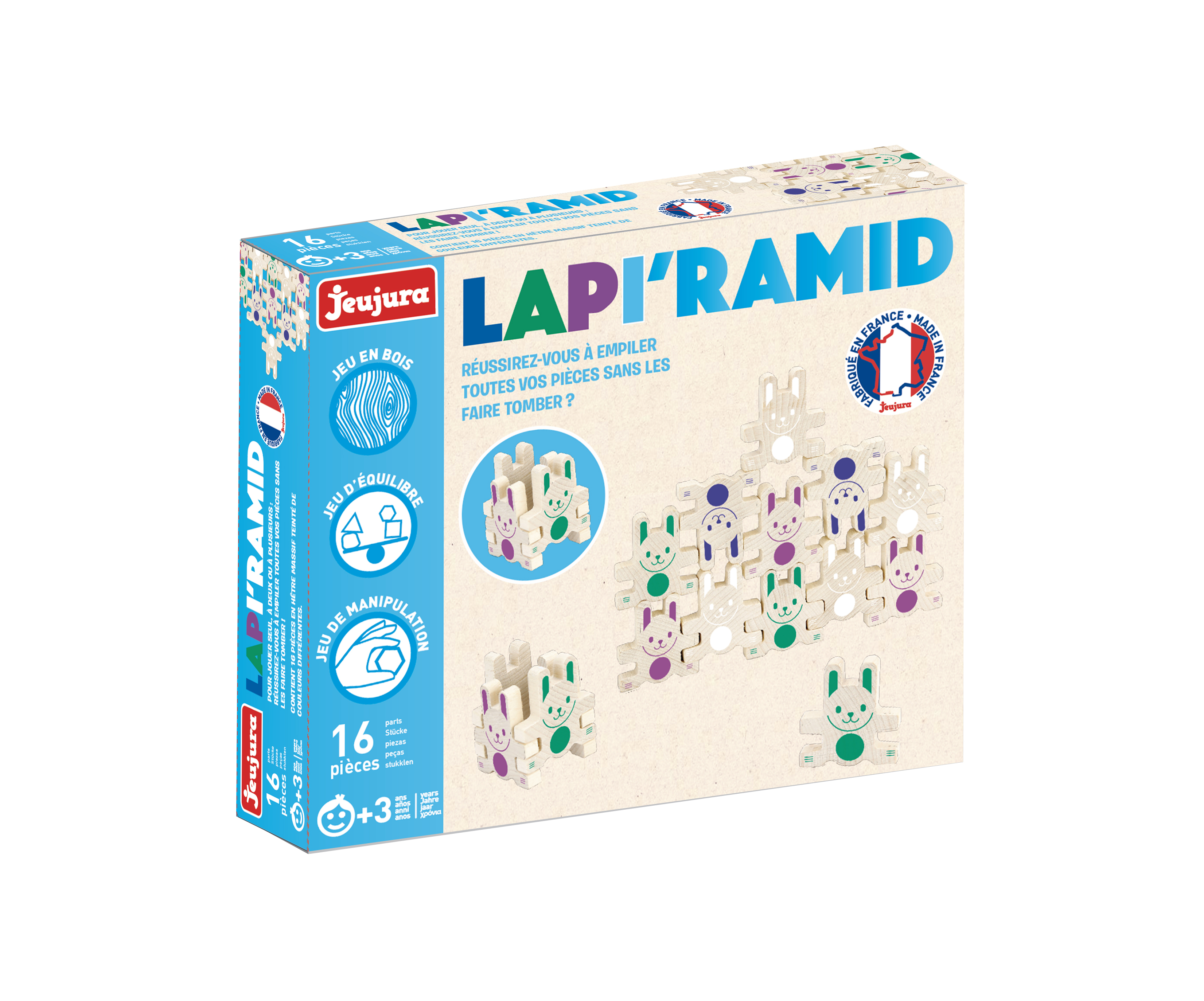 Verpackung des Holzspielzeugs LAPI'RAMID mit 16 Kaninchenfiguren in bunten Farben.